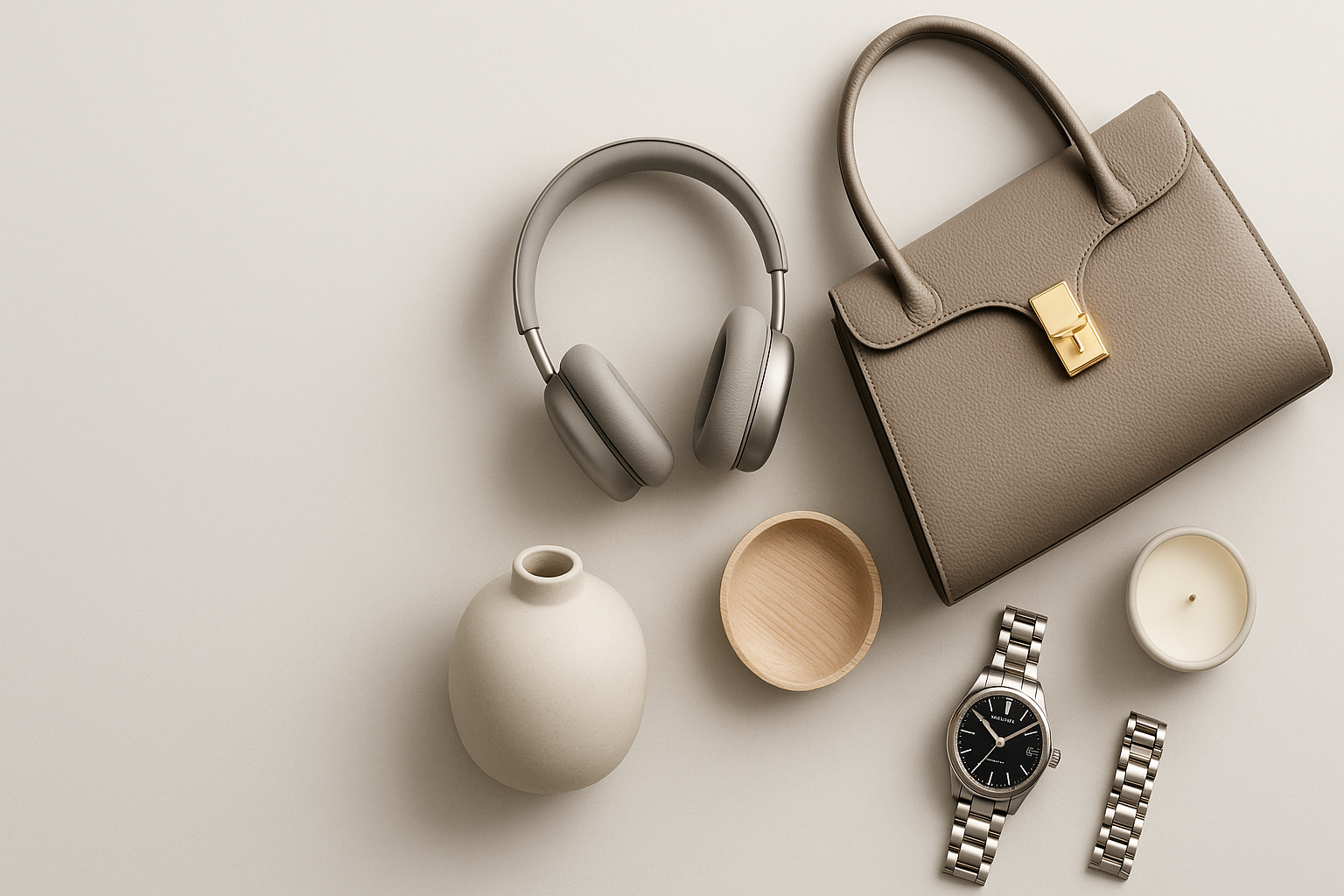 A clean, modern, and professional ecommerce hero banner showing a flat-lay of assorted trending products like handbags, headphones, home decor, and watches on a neutral background. Include soft lighting, subtle shadows, and a minimal, stylish design. Leave ample empty space on one side for overlay text. Style should feel elegant, modern, and trustworthy — perfect for a new general store. Aspect ratio: 3:1, high resolution.